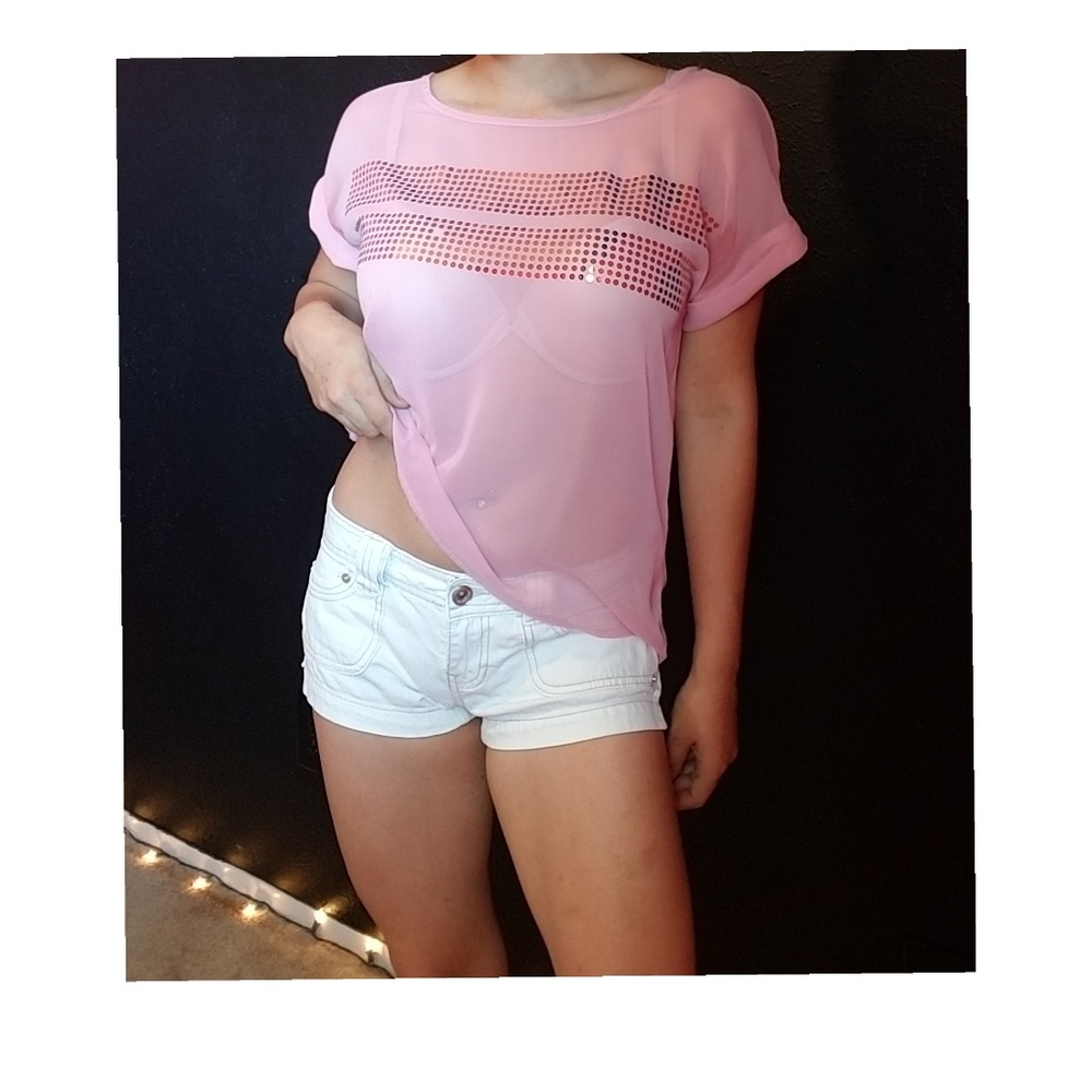 See through shirt and white denim shorts